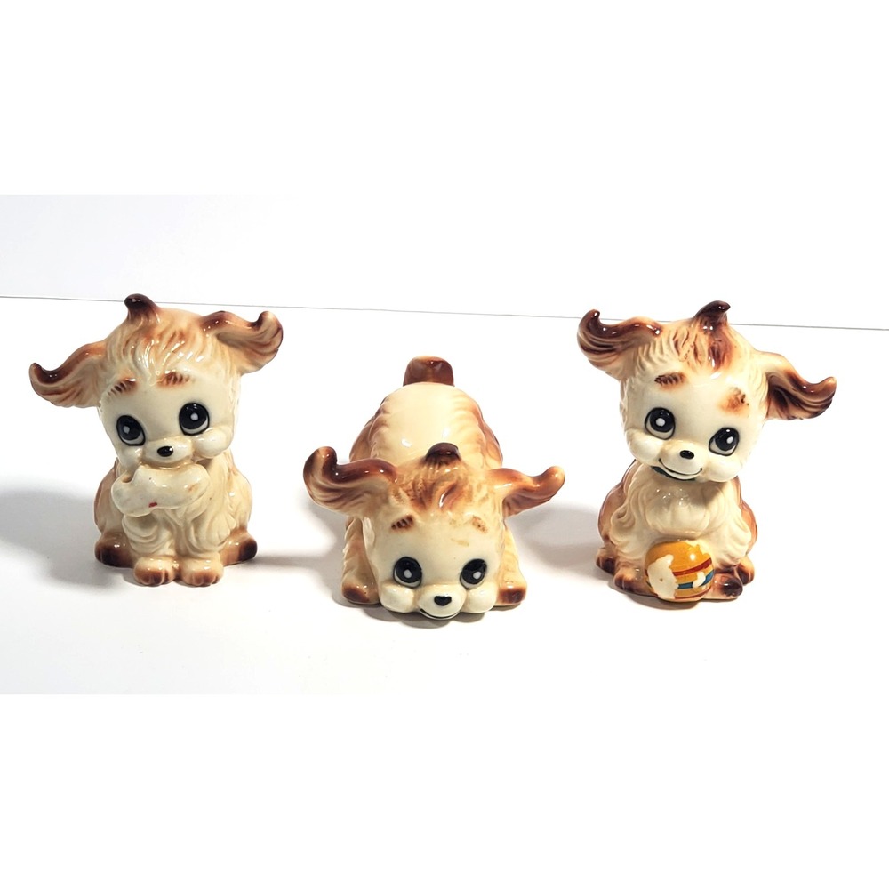 Vintage Dog Figurines Pekingese Puppies Playful Puppy Porcelain Set of 3 PLSREAD